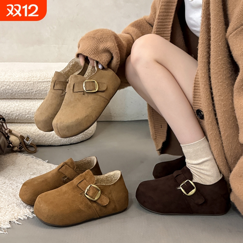 真皮加绒勃肯鞋女米2025冬季新款内增高休闲鞋毛绒魔术贴卡其色