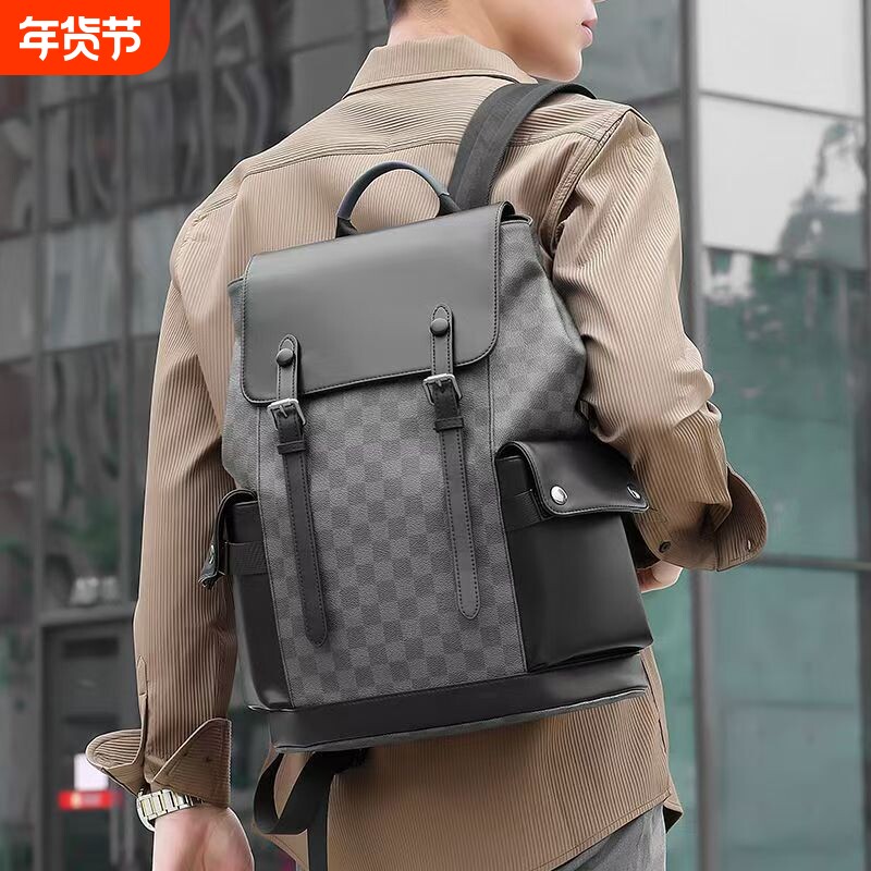 双肩包男士背包大容量旅行包休闲书包笔记本包男包旅游包皮质黑色