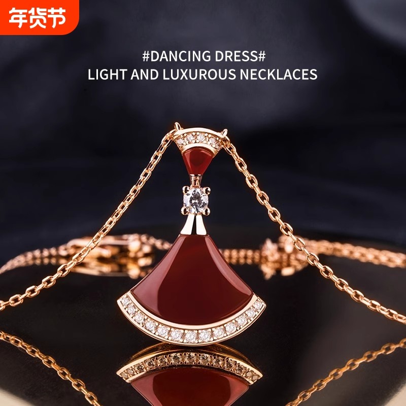 纯银小裙子项链女夏镀18k轻奢锁骨链白贝母吊坠红玛瑙孔雀石大气