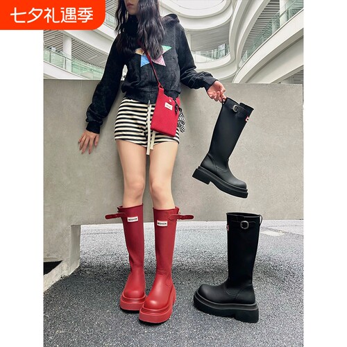 厚底防滑高筒红色雨靴子雨鞋2025户外不过膝长筒靴骑士靴黑色圆头