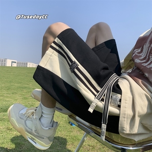 hiphop篮球五分裤 潮牌宽松休闲运动裤 男2024夏季 条纹织带贴标短裤
