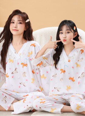 亲子装女童新款棉绸家居服夏季儿童蕾丝花边V领睡衣空调套装母女