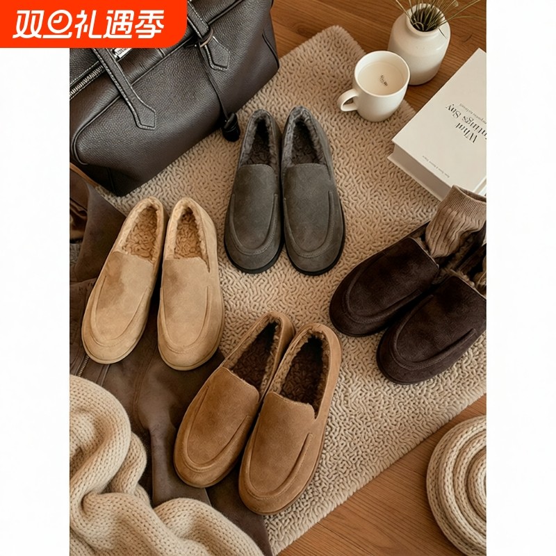 牛皮版~真皮乐福鞋女秋冬一脚蹬加绒毛毛豆豆鞋灰色毛绒平底圆头