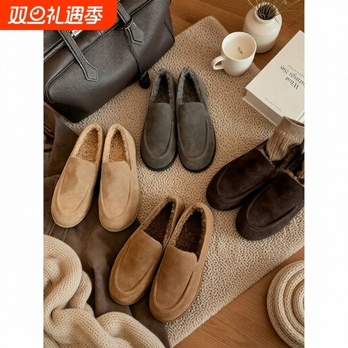 牛皮版~真皮乐福鞋女秋冬一脚蹬加绒毛毛豆豆鞋灰色毛绒平底圆头