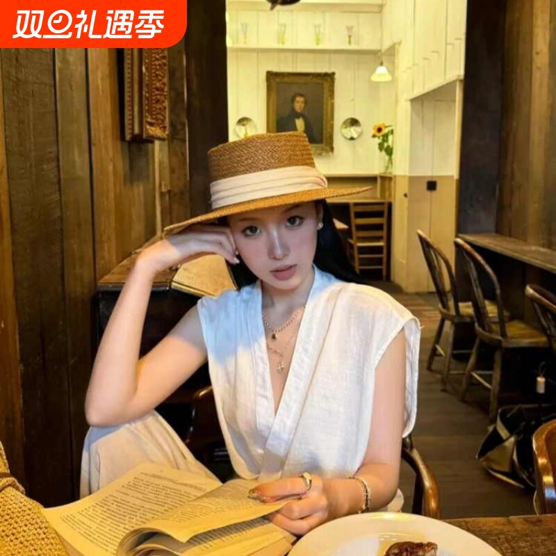 老钱风复古平顶草帽女夏沙滩海边度假防晒帽子英伦风草编遮阳礼帽