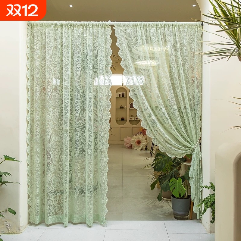 免打孔魔术贴窗帘白色纱帘蕾丝绣花纱韩式卧室飘窗隔断法式遮光