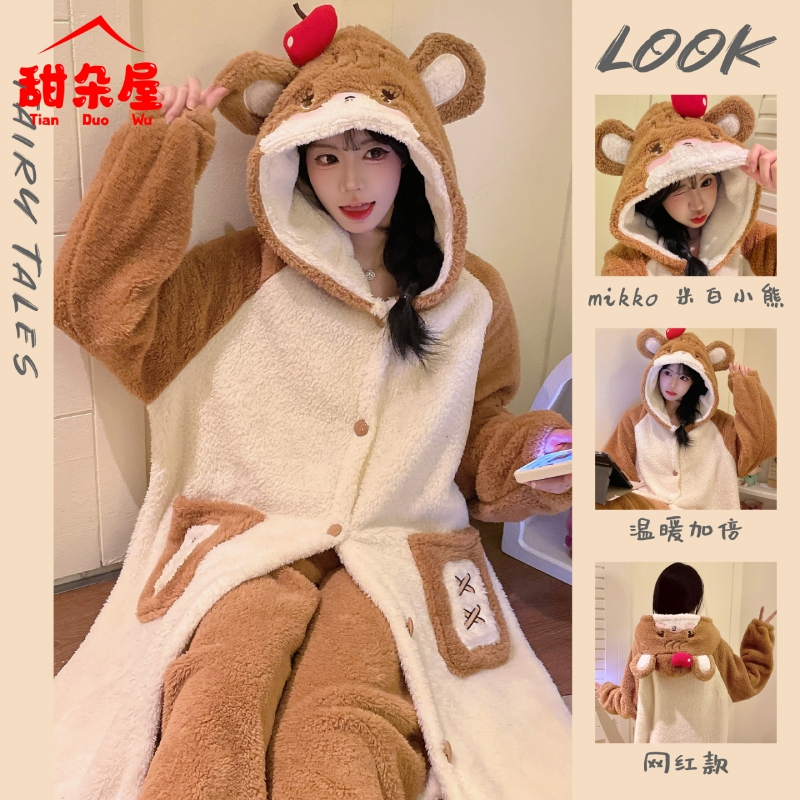 卡通珊瑚绒家居服套装长款睡袍女