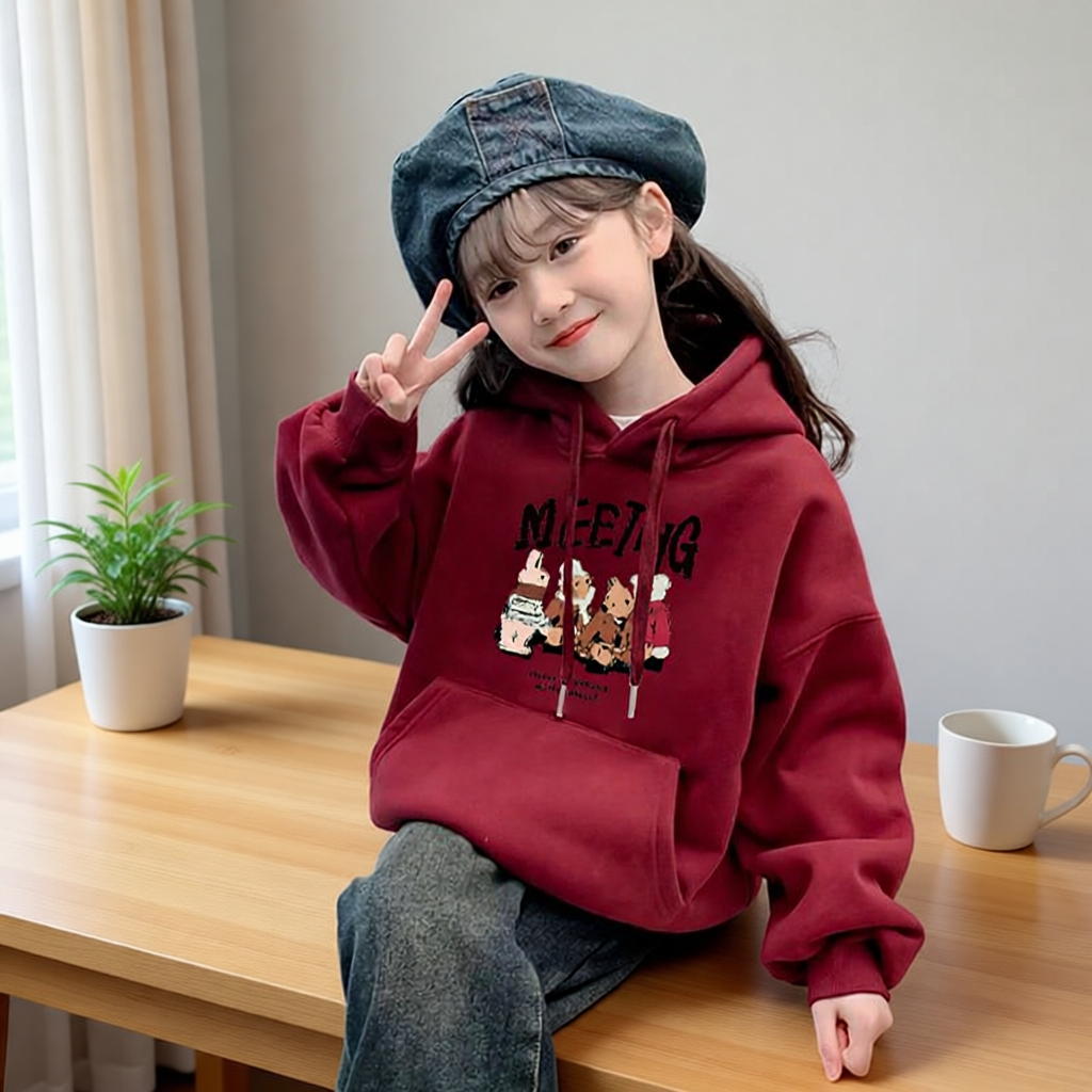 女童小熊连帽卫衣2025秋冬新款儿童红色加绒衣服中大童长袖上衣潮