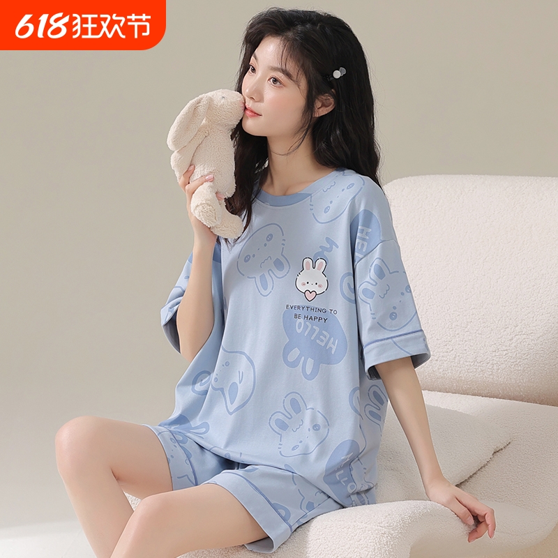 睡衣女夏季纯棉短袖短裤夏天卡通少女生100全棉性感家居服可外穿