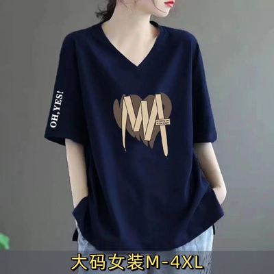清仓~大牌春夏短袖V领t恤显瘦印花时尚大码上衣1白色韩版蓝色纯棉