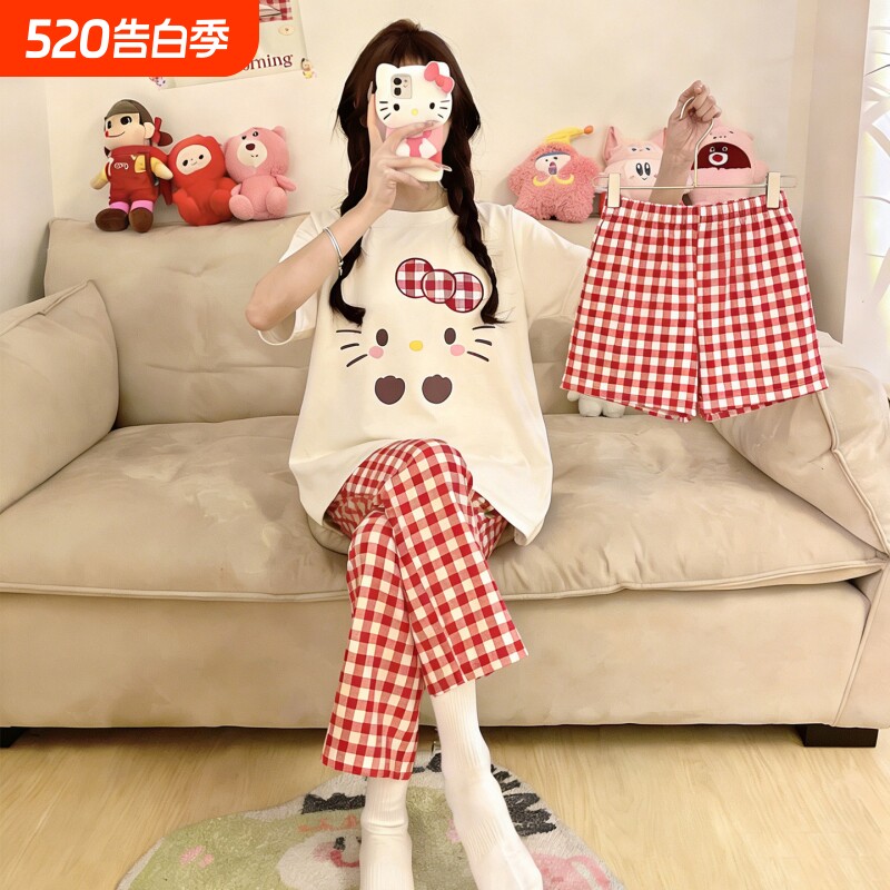 亲子母女装睡衣女童短袖三件套纯棉春夏季中大童猫咪儿童家居服装