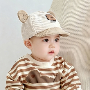 宝宝帽子婴儿鸭舌秋冬季韩版厚男女童可爱小熊防晒灯芯绒春秋软檐