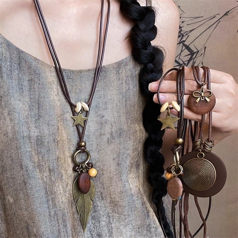 新中式禅意长款羽毛项链女波西米亚复古民族风叠戴配饰新款毛衣链