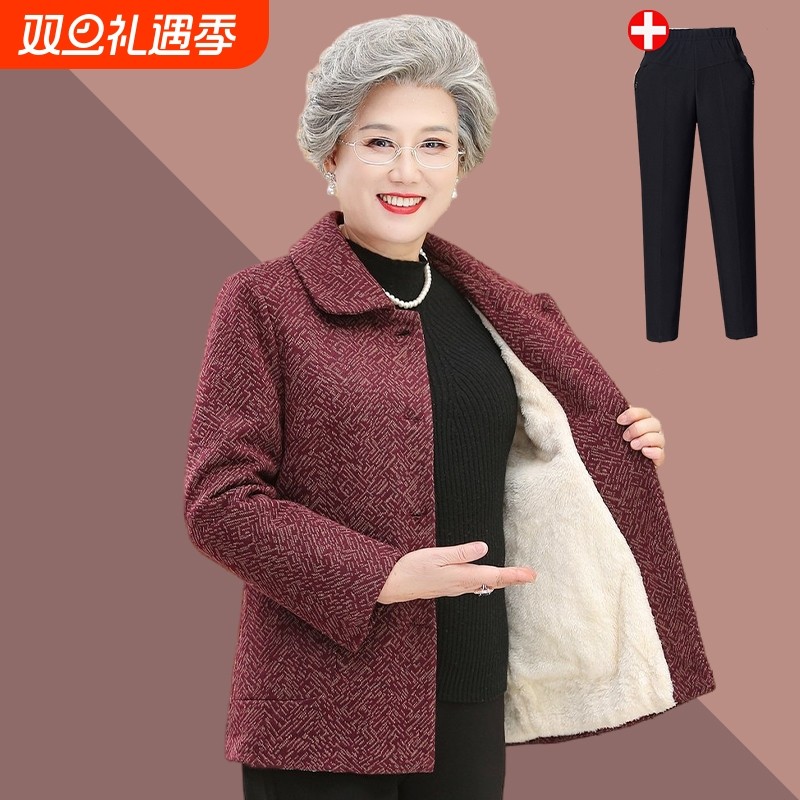 奶奶春装外套女中老年人冬季加绒厚棉袄妈妈老太太羊羔绒衣服红色