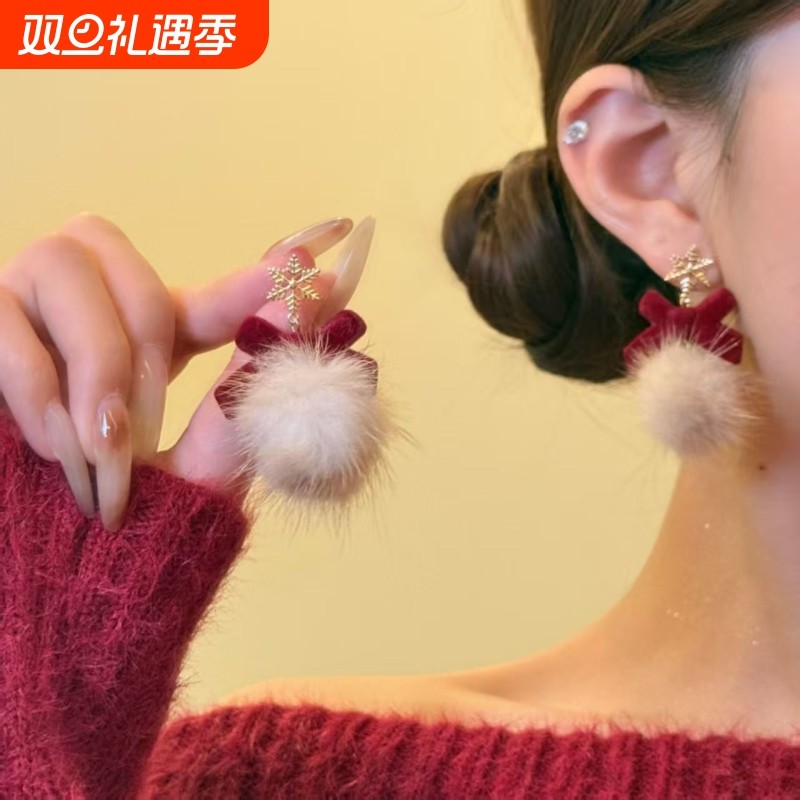 绒绒派对 红色丝绒蝴蝶结耳钉女2026新款秋冬小众高级感耳环耳饰