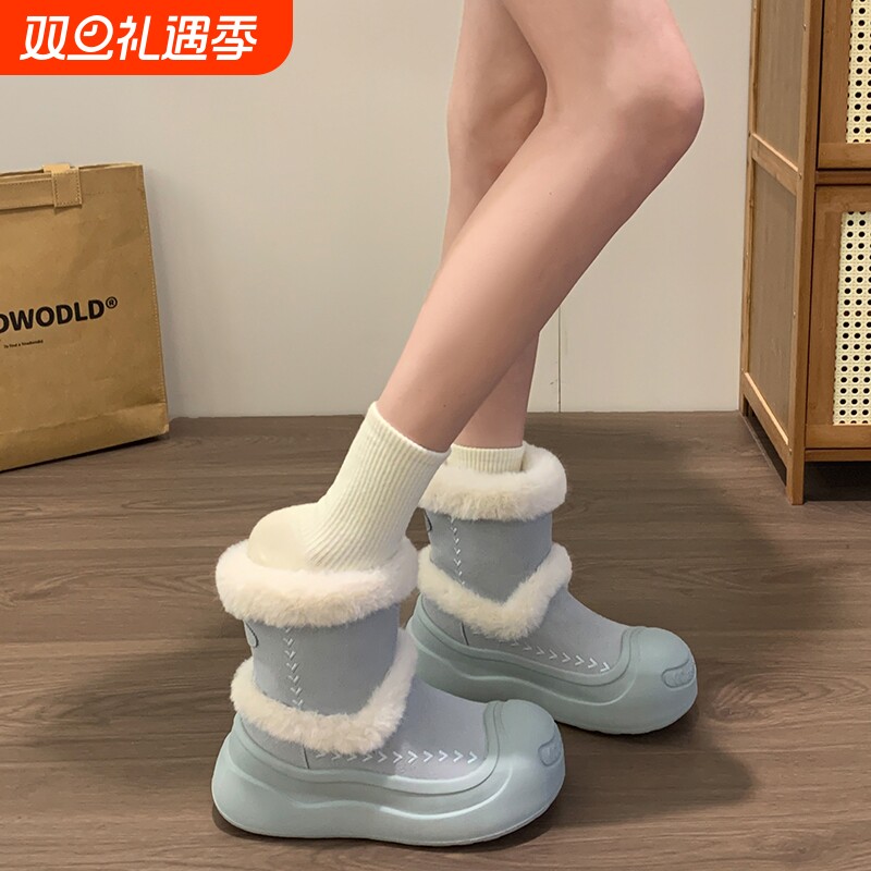 皮毛一体雪地靴女2025冬季新款毛毛鞋加绒保暖棉靴蓝色内增高防水