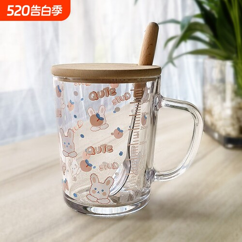 ins卡通玻璃杯杯子吸管杯勺刻度牛奶杯早餐杯情侣用微波炉便携