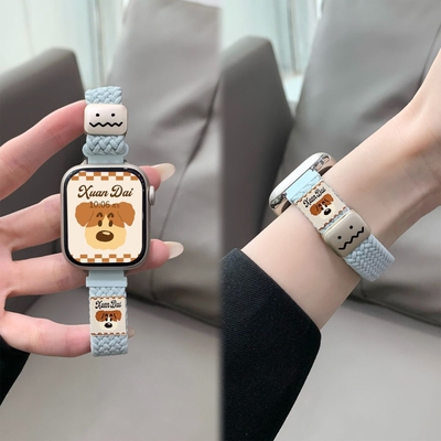 适用iwatch10苹果手表applewatch9表带s10可爱卡通小狗尼龙s8s7磁吸Ultra2新款45SE夏天s6男女S9小众黑色粉色