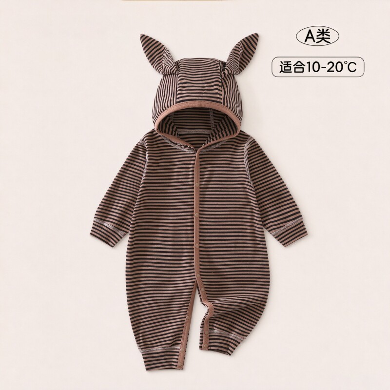 婴儿连体衣秋冬条纹德绒连帽哈衣居家睡衣爬爬服新生儿外出哈衣