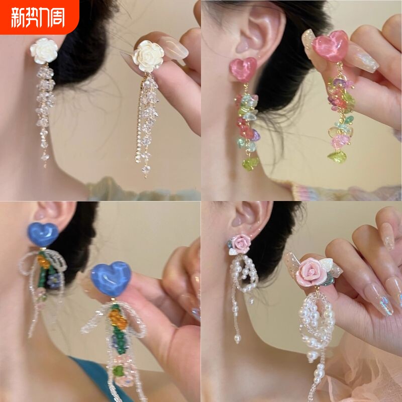 山茶花流苏耳夹女无耳洞小众新款白色气质独特螺旋耳饰花朵耳钉