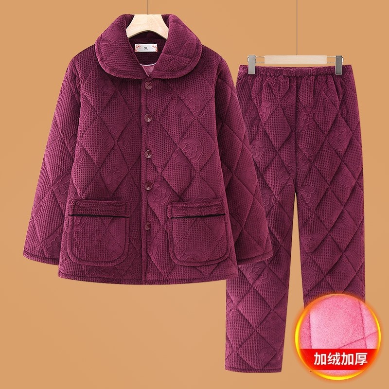 中老年人冬装女款睡衣套装妈妈加绒加厚棉袄服居家服棉服红色粉色
