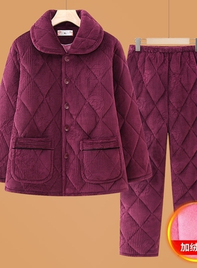中老年人冬装女款睡衣套装妈妈加绒加厚棉袄服居家服棉衣棉服红色