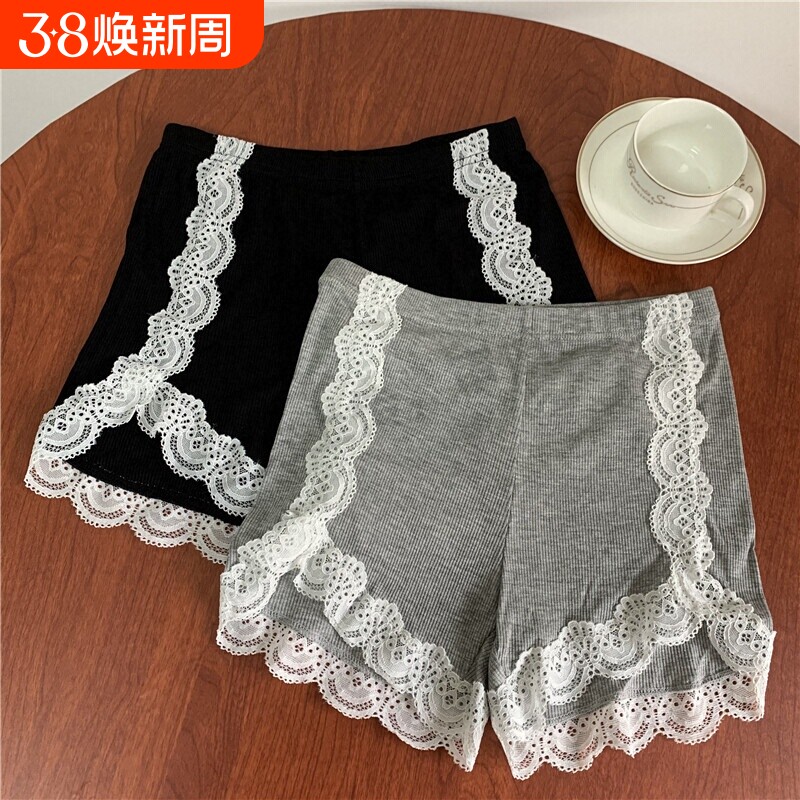 夏季安全裤女防走光侧花边打底裤女纯棉蕾丝三分打底短裤白色黑色