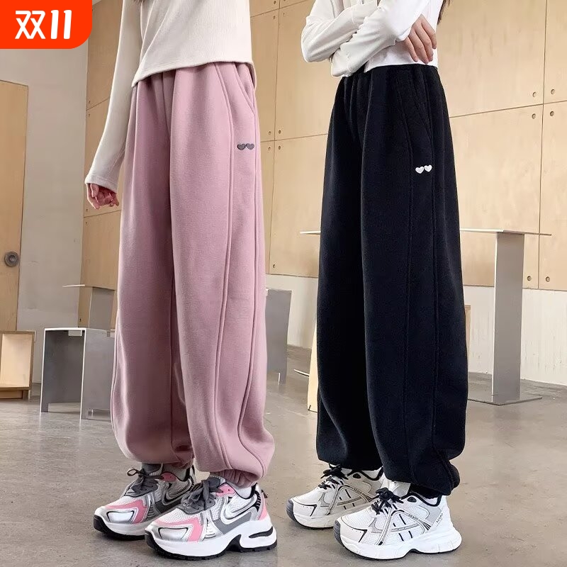 女童裤子春秋季新款儿童运动卫裤黑色中大童长裤粉色胖孩秋冬加绒