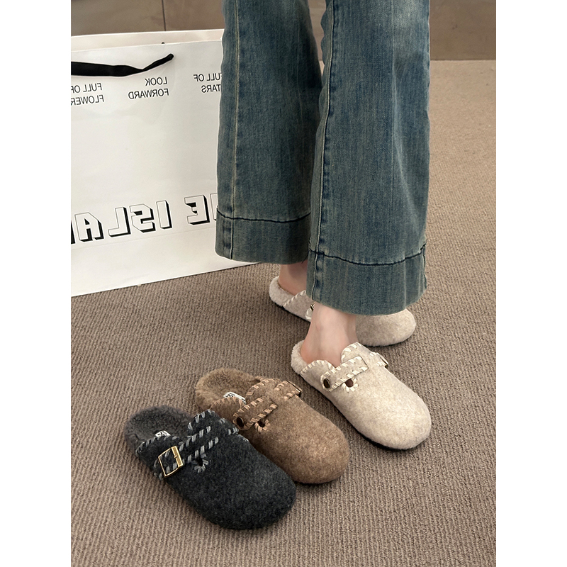 毛呢加绒勃肯鞋女包头半拖鞋外穿2025秋冬新款一脚蹬厚底毛毡棉拖