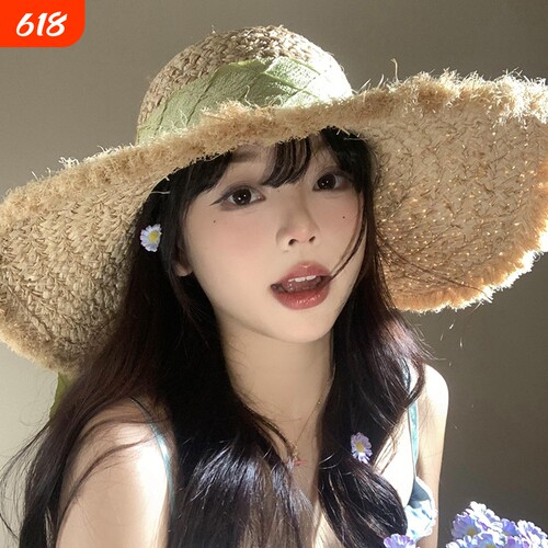 法式草帽女夏季大帽檐遮阳防晒帽海边沙滩度假编织帽子显脸小柔软