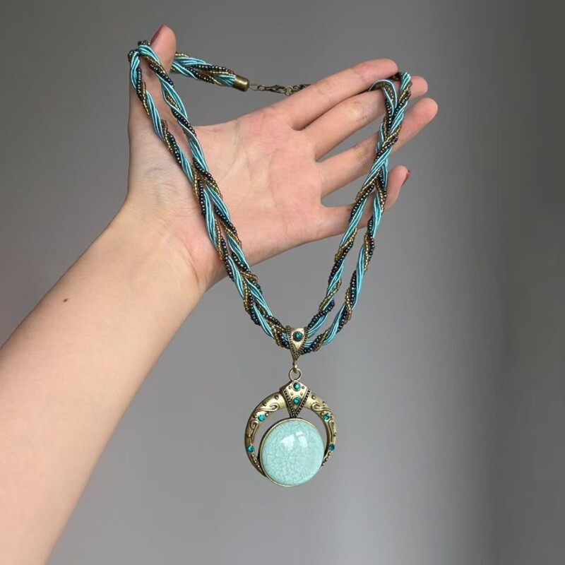 【寻光】波西米亚中古蓝色麻花米珠项链女小众民族风古铜镜锁骨链