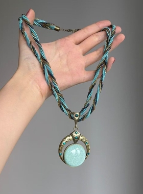 【寻光】波西米亚中古蓝色麻花米珠项链女小众民族风古铜镜锁骨链