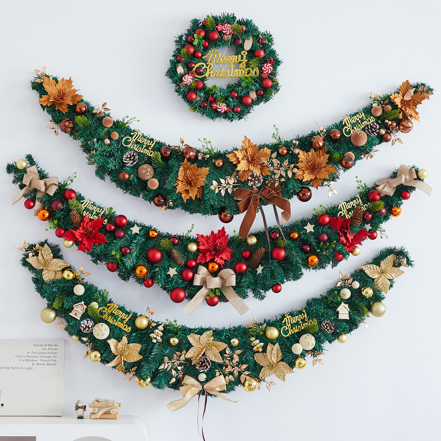 圣诞花环藤条装饰品壁挂式仿真牛角藤条蝴蝶结圣诞树挂件场景布置