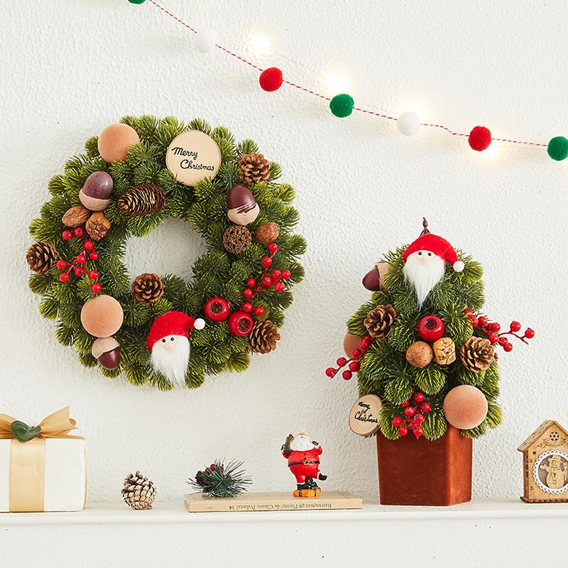 圣诞节装饰品桌面小型圣诞树摆件藤条花环韩式诺贝松场景布置套餐