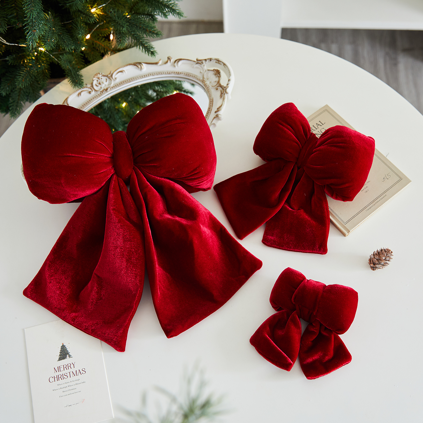 圣诞节装饰品绒布毛绒立体蝴蝶结圣诞树挂件橱窗场景柜台布置