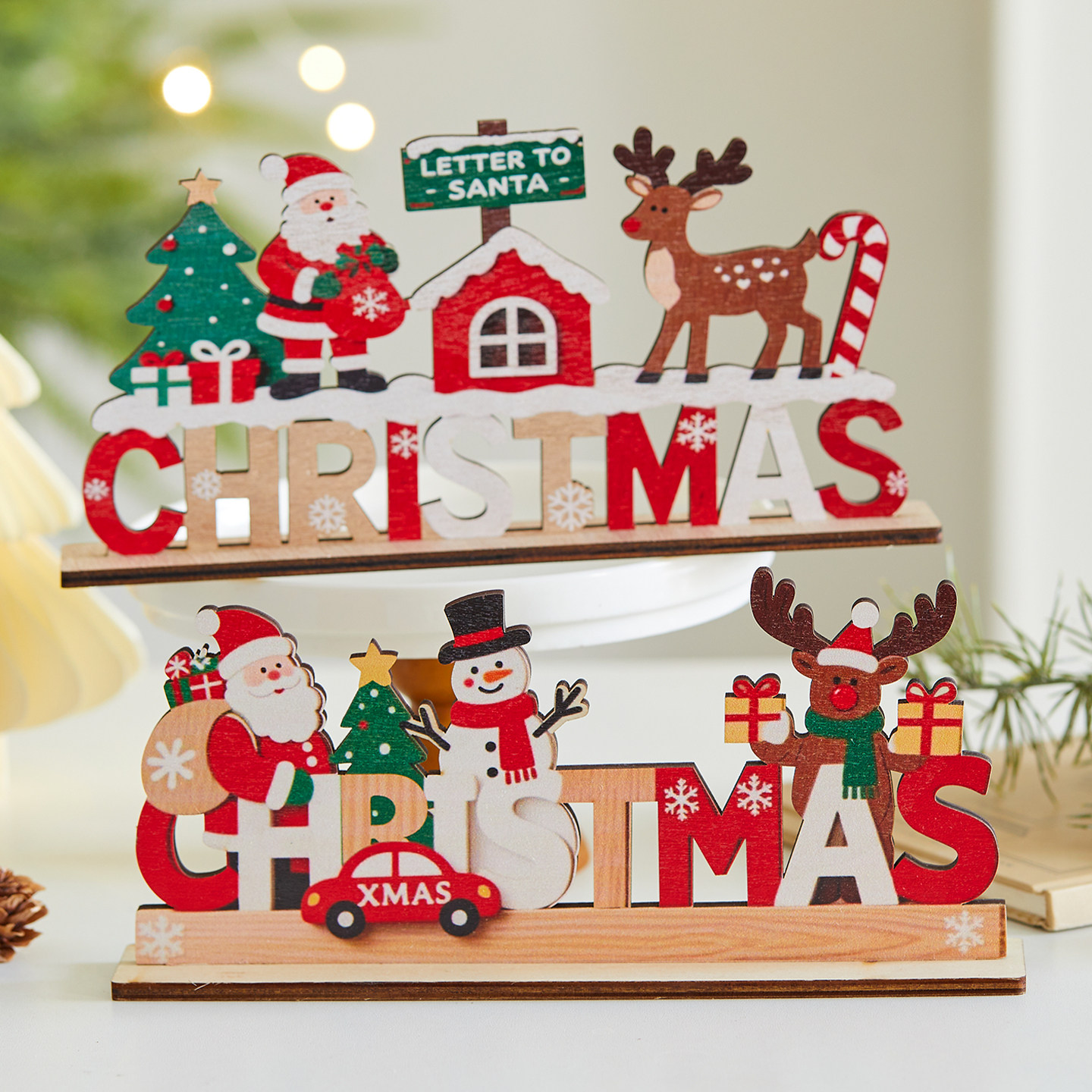 圣诞节装饰品木质制摆件字母牌圣诞老人前台收银台桌面场景布置