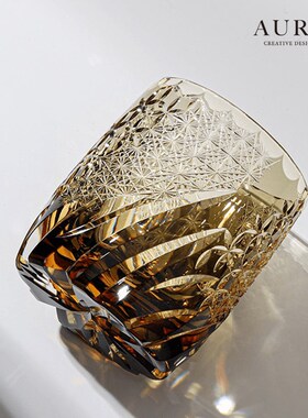 AURAS轻奢江户切子杯风u花雪月随风起舞艺术纯手工雕刻威士忌酒杯