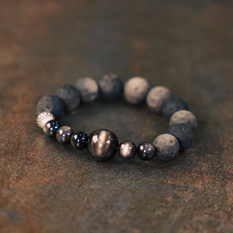 非鱼之家原创手工雕刻p陨石银曜石手串女 个性设计复古潮流手链男