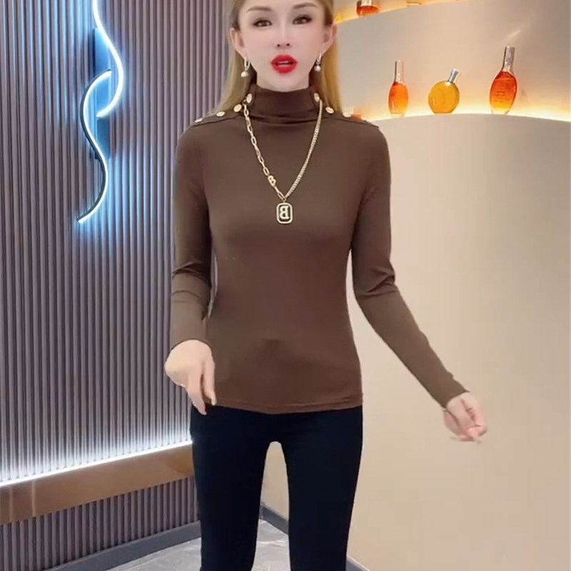 2023年秋季新款韩版洋气时尚肩扣百搭女小衫螺纹棉冬X季百搭打底