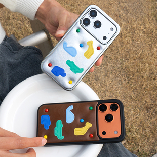 CASEGOOD 原创小众高级感银边彩虹豆铆钉皮质手机壳苹果17pro新款15适用iPhone16promax保护套银色秋冬情侣