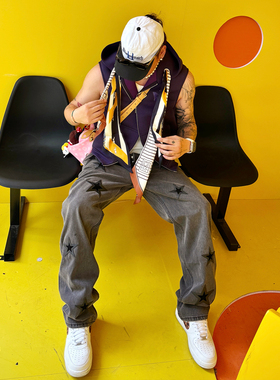 LAD自主CH风黑色贴皮双层五角星925镀银扣高腰直筒501蓝牛仔裤