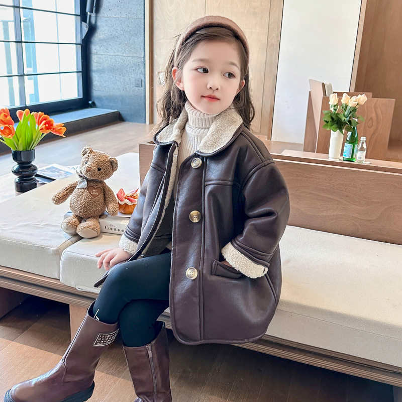品牌专柜女童加绒皮衣秋冬季新款儿童时髦皮毛一体外套洋气上衣潮