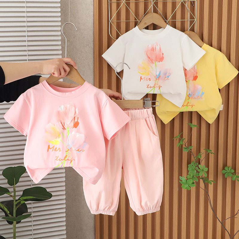 品牌专柜中小女童运动套装花朵小孩女宝宝短袖夏季长裤儿童两件套