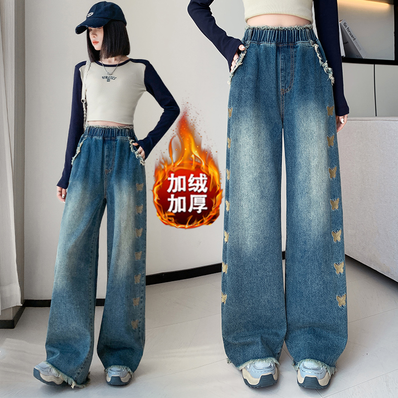 2025冬季新款蝴蝶刺绣加绒牛仔裤