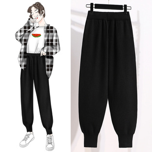 胖mm200斤宽松小脚萝卜针织束脚裤 女秋冬季 毛线哈伦奶奶裤 特大码