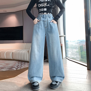 女松紧高腰提臀收腹直筒休闲阔腿拖地裤 百搭牛仔长裤 胖MM时尚 秋季