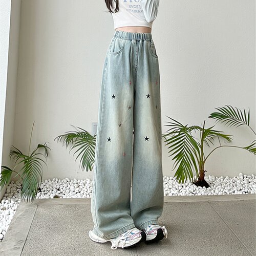 加大码时尚星星刺绣阔腿拖地裤女