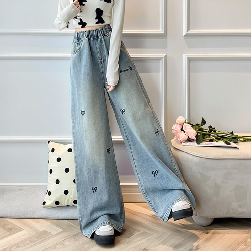 梨形身材胖MM遮胯显瘦阔腿裤2026春季新款设计感蝴蝶结刺绣拖地裤,女装/女士精品,大码裤装,淘宝优惠券,粉丝福利购,淘宝优惠卷