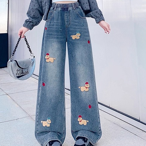 加肥加大码韩版可爱刺绣拖地裤女