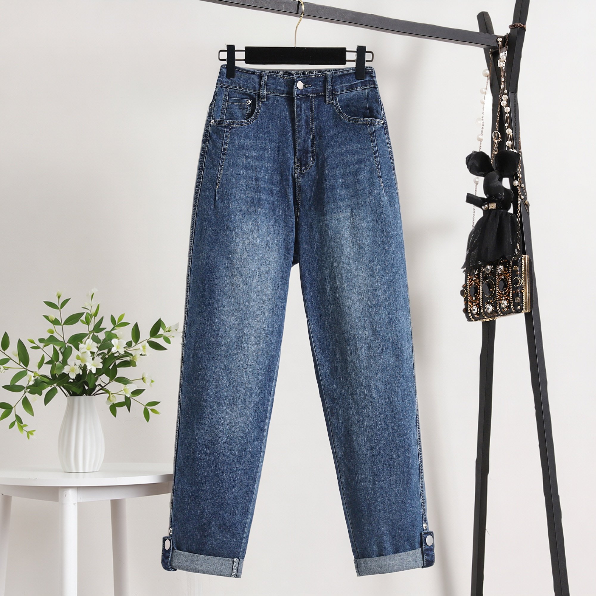 大码女装简约卷边透气休闲牛仔裤2026春季新款高腰遮胯显瘦阔腿裤,女装/女士精品,大码裤装,淘宝优惠券,粉丝福利购,淘宝优惠卷